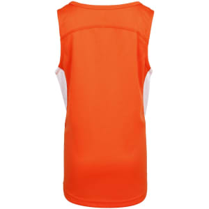 An orange kids' singlet featuring a white side panel and a branding logo on the back.
