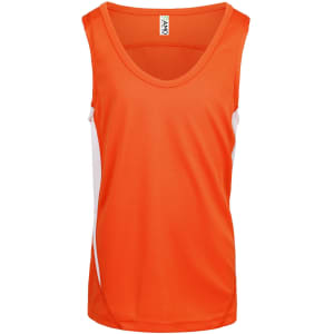 An orange Cool-Dry singlet with white side panels and a logo on the front.