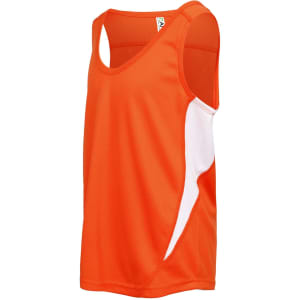 An orange singlet with white side panels, featuring a logo on the fabric. Ideal for kids' active wear.