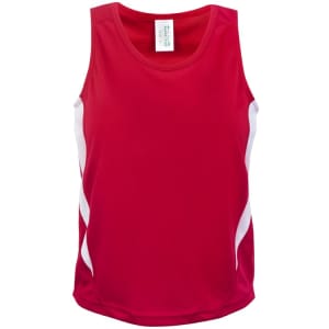 A red kids' singlet featuring white side panels and a logo. The fabric is designed for cool and dry comfort.