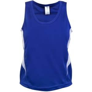 A blue kids' singlet featuring white side accents and a branding label on the neckline.
