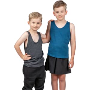 A grey and a blue kids' polyester singlet worn by two children, standing side by side. The singlets have a logo.