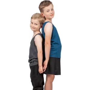 A blue and grey kids' polyester singlet, styled on two boys standing back-to-back, holding hands.