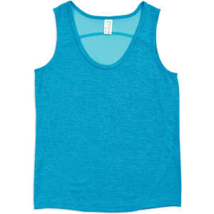 A bright blue kids' singlet made from 100% polyester, featuring a logo.