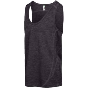 A black polyester singlet featuring a logo and a stylish design. Suitable for activewear.