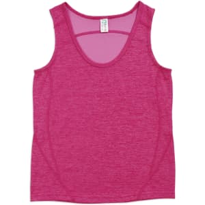 A pink 100% polyester singlet featuring a scoop neck design and a logo. Suitable for kids' activewear.