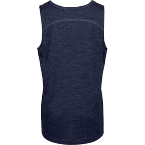 A navy blue kids' singlet made of 100% polyester, featuring a simple back design and a logo.