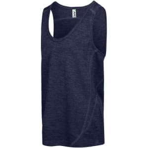 A navy blue kids' singlet made of 100% polyester, featuring a logo and a modern design.