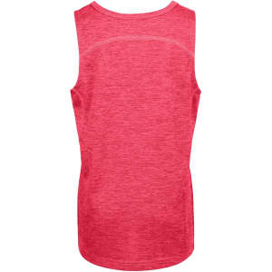 A back view of a kids' singlet in vibrant pink, featuring a logo and made from 100% polyester.