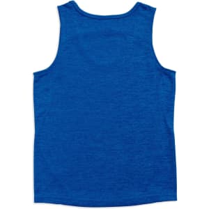 A blue singlet made of 100% polyester featuring a simple back design and a logo.
