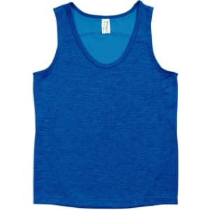 A blue polyester singlet with a scooped neckline and a logo on the label.