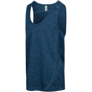 A blue polyester singlet with a textured design and a logo, suitable for kids' wear.