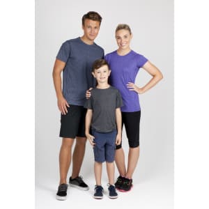 A group features three models wearing Kids Heather Tees in purple and dark grey, showcasing a casual style.