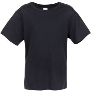 A black kids' T-shirt from the Greatness Range with a classic crew neck design and a branding logo.