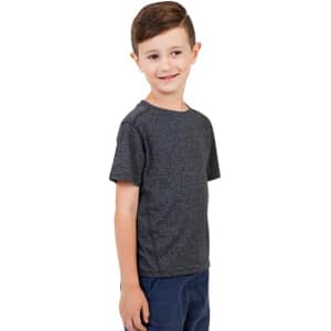 A child wearing a grey heather t-shirt, smiling and positioned to the side, with a simple design and no visible branding.