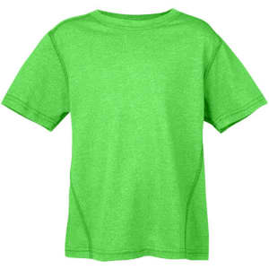 A green heather kids' t-shirt with a round neckline and short sleeves, featuring a logo on the back.