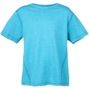 A turquoise kids' t-shirt with short sleeves and a simple design. It features a logo on the back.
