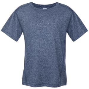 A navy blue heather t-shirt with short sleeves and a round neckline, featuring a logo.