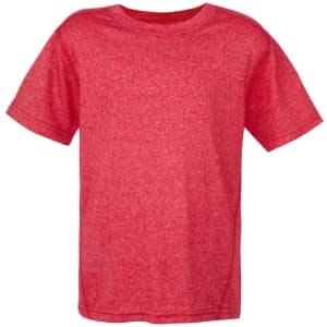 A red heather T-shirt from the Kids Heather Tees - Greatness Range, featuring a simple design and short sleeves.
