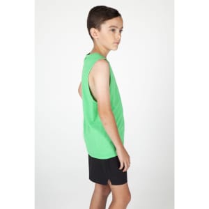 A green singlet tank top displayed on a child, featuring a loose fit and sleeveless design.