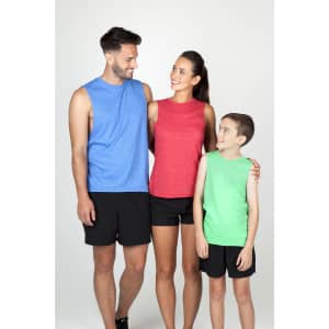 A family wearing tank tops in blue, red, and green, with black shorts, posing together against a light background.