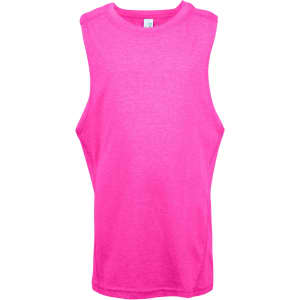 A bright pink sleeveless tank top featuring a logo. Ideal for casual wear.