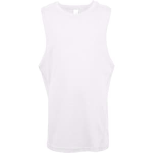 A sleeveless tank top in white, featuring a simple design and a logo. Suitable for kids.