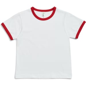 A white kids' T-shirt featuring red ringer detailing and short sleeves. It has a brand logo on the label.
