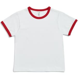A white children's T-shirt with red ringer details on the collar and sleeves, featuring a logo.