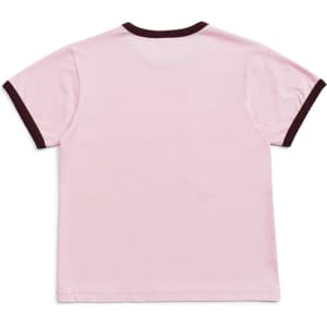 A pink kids' ringer tee featuring a contrasting dark brown trim. The back view is shown.