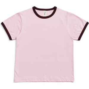 A pink kids' ringer tee featuring dark brown trim. The shirt is short-sleeved and has a branding logo.