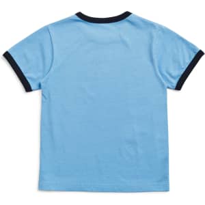 A kids' ringer tee in light blue with a navy neckline and sleeve trim, featuring a plain back.