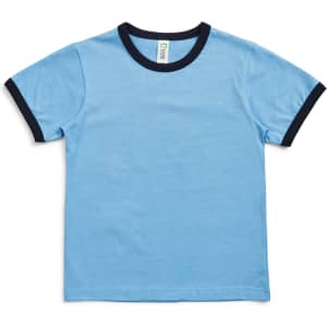 A light blue kids' t-shirt with navy blue ringer details around the neckline and sleeves. It features a brand logo.