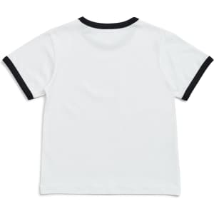A kids' ringer tee in white with a black collar and sleeve edges, featuring a logo at the back.