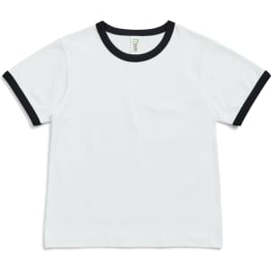 A white kids' ringer tee with black trim around the neckline and sleeves. The tee has a logo on the inside tag.