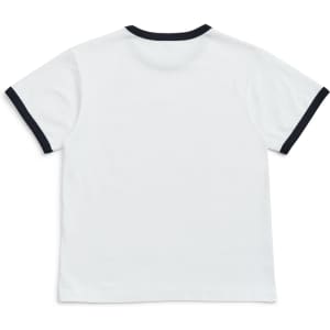 A kids' ringer tee in white with a contrasting dark neckline and sleeve trims, featuring a logo.