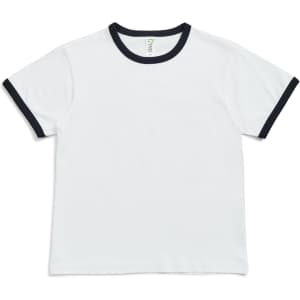 A white kids' T-shirt featuring navy blue ringer sleeves and neck trim, with a logo on the inside label.