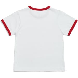 A white kids' ringer tee with red trim on the neckline and sleeves, featuring a logo on the back.