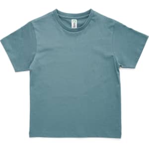 A teal children's t-shirt with short sleeves and a round neckline, featuring a logo on the label.