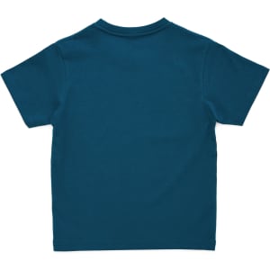 A teal kids' t-shirt featuring short sleeves and a plain back. It includes a logo on the label area.