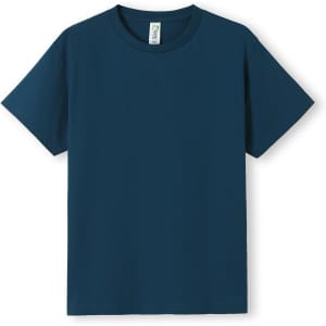 A navy blue t-shirt with short sleeves and a simple design. It features a label and has a plain look.