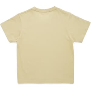 A light beige kids' t-shirt with short sleeves, featuring a solid back and a logo.
