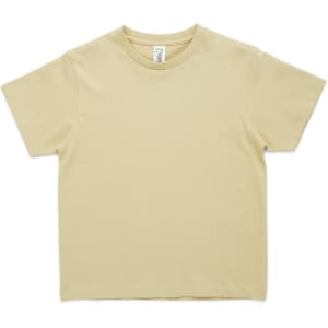 A light khaki children's T-shirt with short sleeves and a round neckline. The shirt has a branded tag inside.