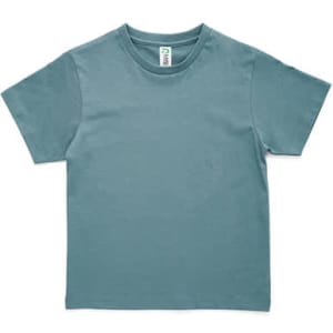 A teal kids' t-shirt with short sleeves and a tag, featuring a logo on the inside.
