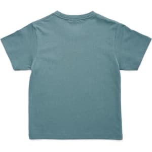 A teal kid's T-shirt with short sleeves and a plain back. The shirt features a logo.