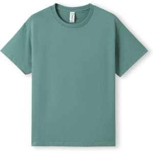 A green t-shirt with a round neck and short sleeves, featuring a logo on the label.