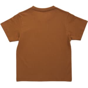 A brown kids' T-shirt with short sleeves and a plain back, featuring a simple design.