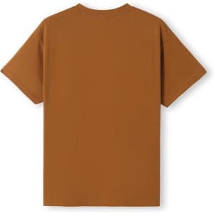 A brown T-shirt with short sleeves and a plain back. It features a logo near the collar.