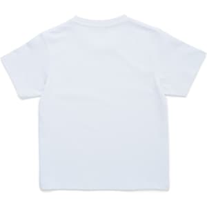 A plain white kids' t-shirt with short sleeves and a simple design, featuring a logo on the back.