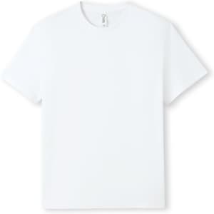 A white t-shirt, short-sleeved, with a simple design and a logo on the label.